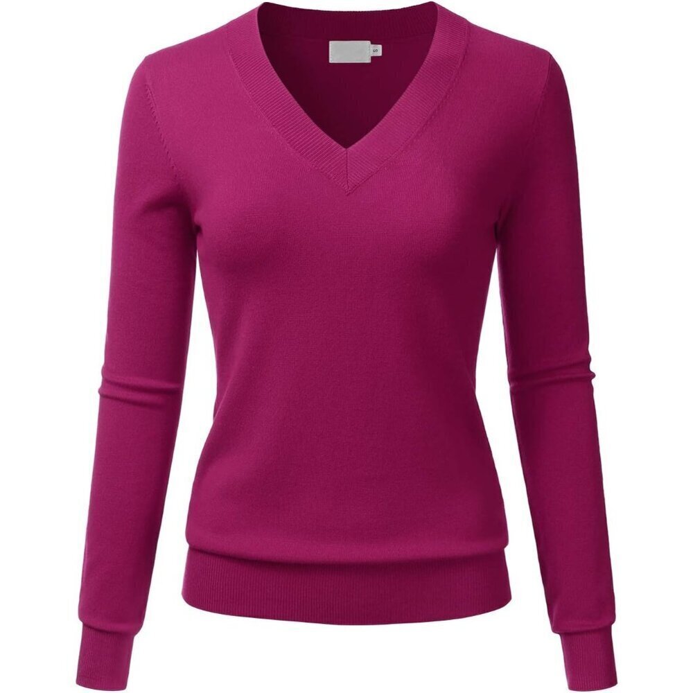 Women's V-Neck Long Sleeve Knit Top Slim Fit Soft Stretch Pullover